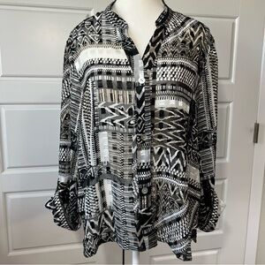 Abstract‎ Print Blouse Sheer Button Down Long Sleeve Top Black White -
